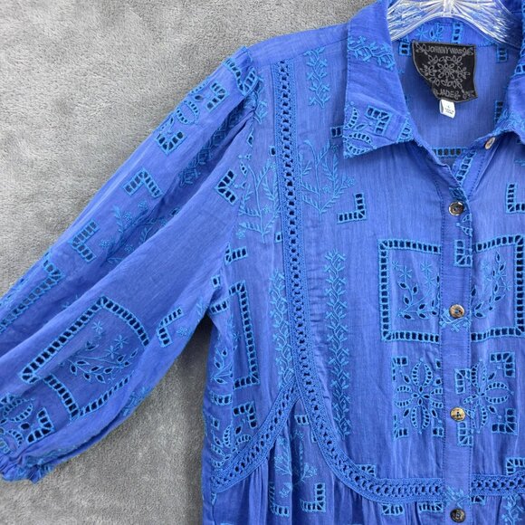 Johnny Was Sadie Embroidered Midi Shirtdress S Blue Eyelet Floral Button Up Boho - Picture 3 of 13